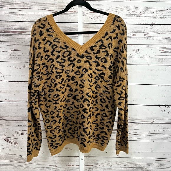 Cotton Emporium Sweaters - Cotton Emporium Tan and Black Leopard Print V-Neck Sweater Large